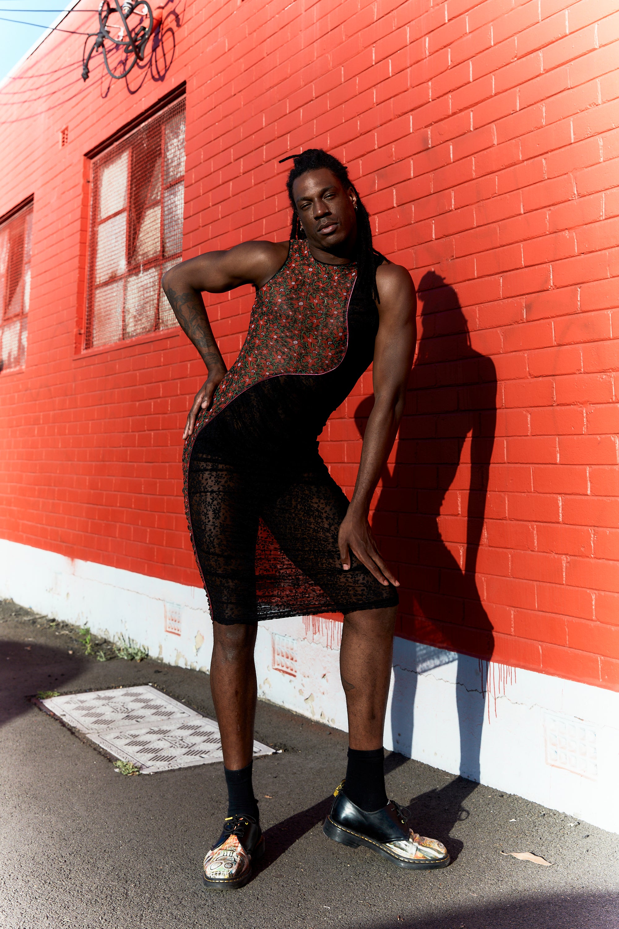 Red Pansy Piped Mesh Dress