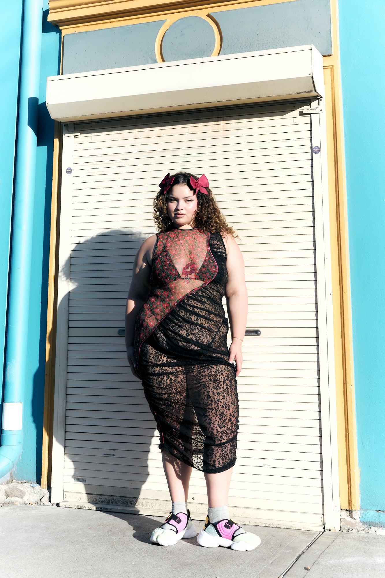 Red Pansy Piped Mesh Dress