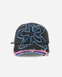 Black cap with blue and pink design on a white background