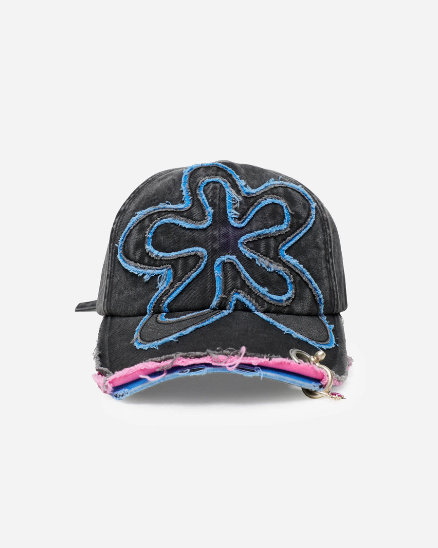 Black cap with blue and pink design on a white background