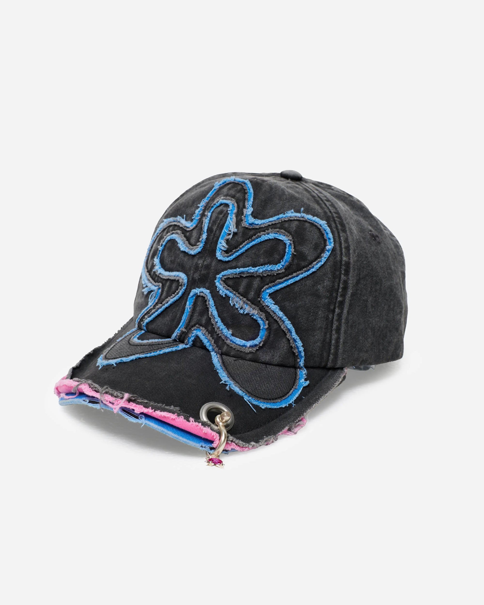 Black denim cap with blue floral embroidery on a white background