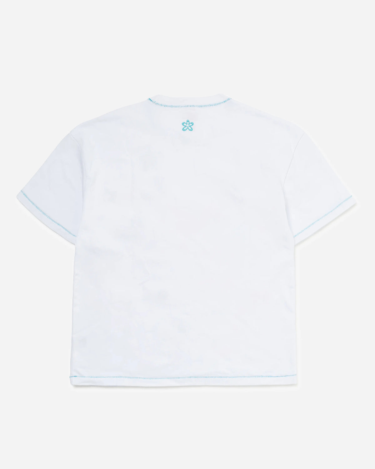 White short-sleeve t-shirt shown from the back, featuring light blue piping along the collar and sleeve edges, and a small light blue flower-like logo centered below the neckline.