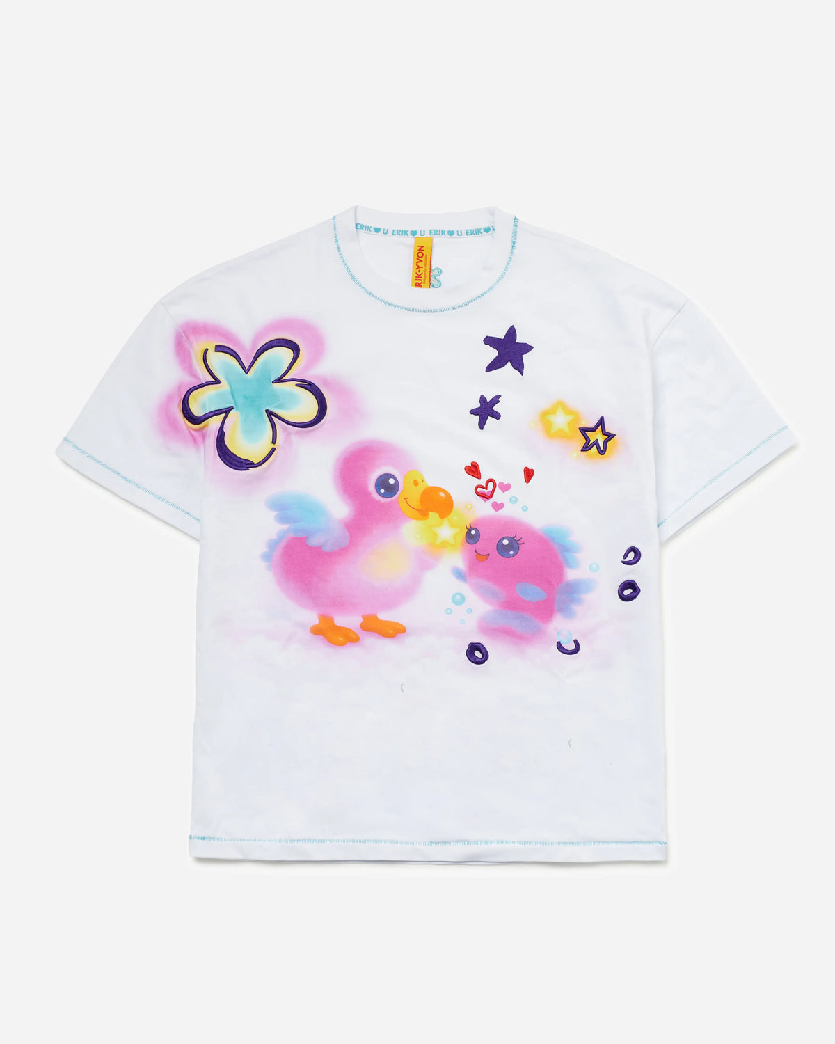 A white short-sleeve t-shirt with a colorful graphic print of two cartoon birds, stars, and a flower on the front, displayed flat against a light gray background.