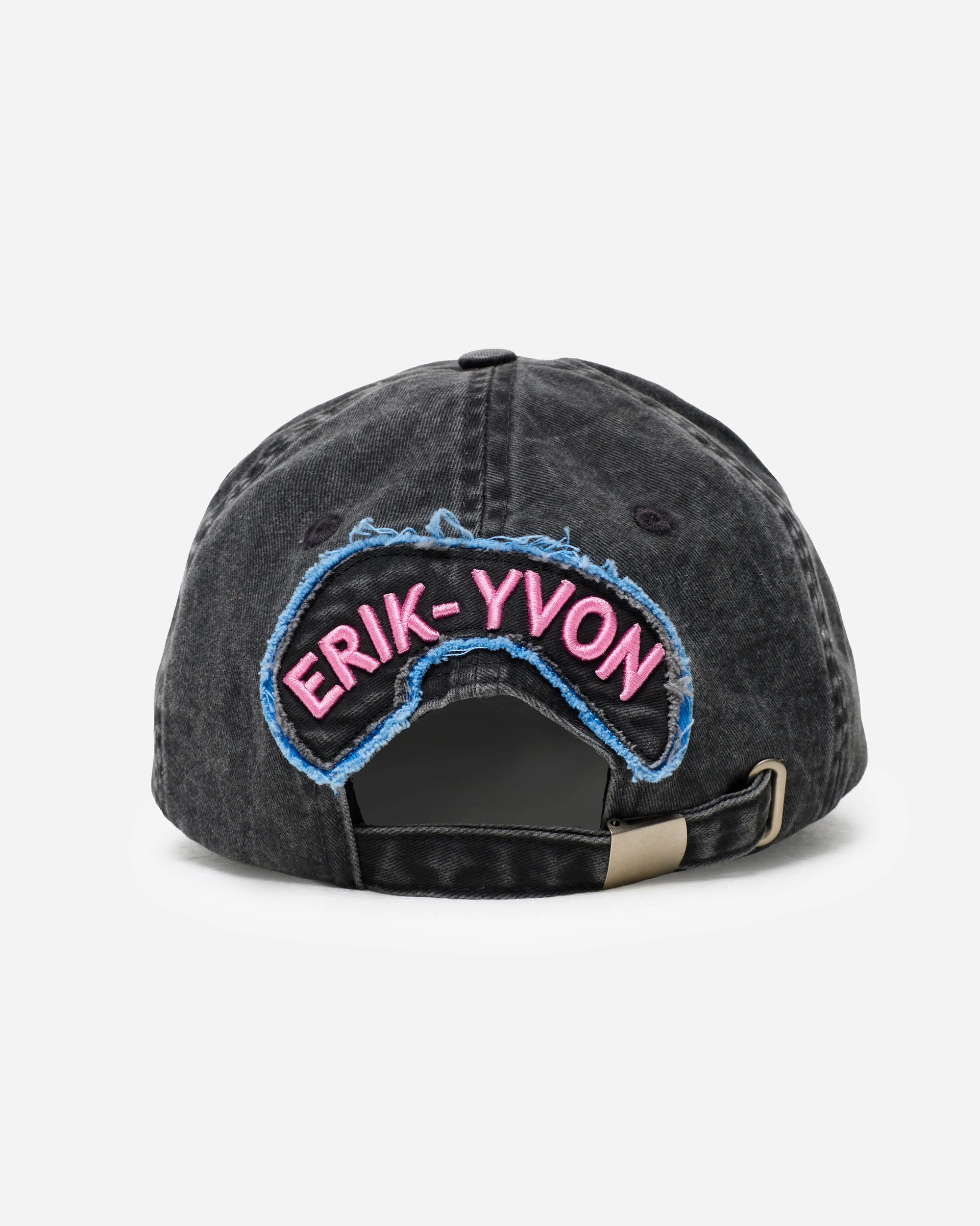 Black distressed cap with 'ERIK-YVON' embroidered on the back against a white background