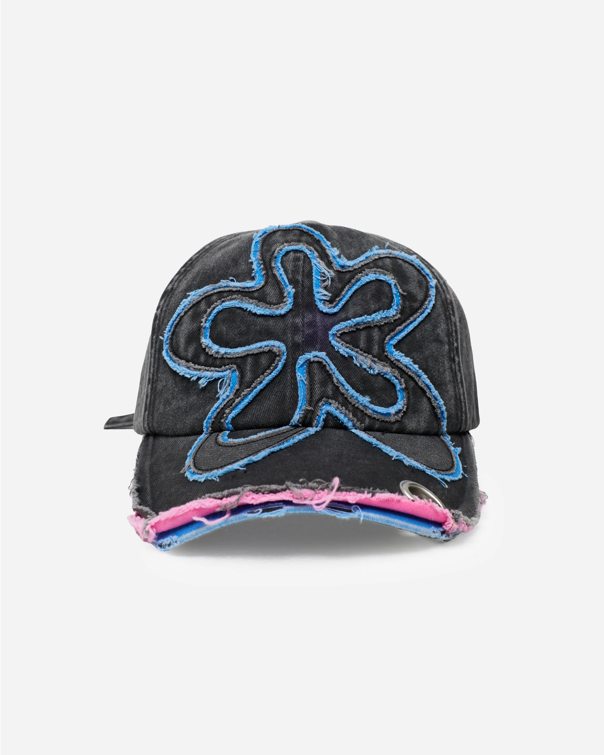 Black distressed cap with blue and pink design on a white background