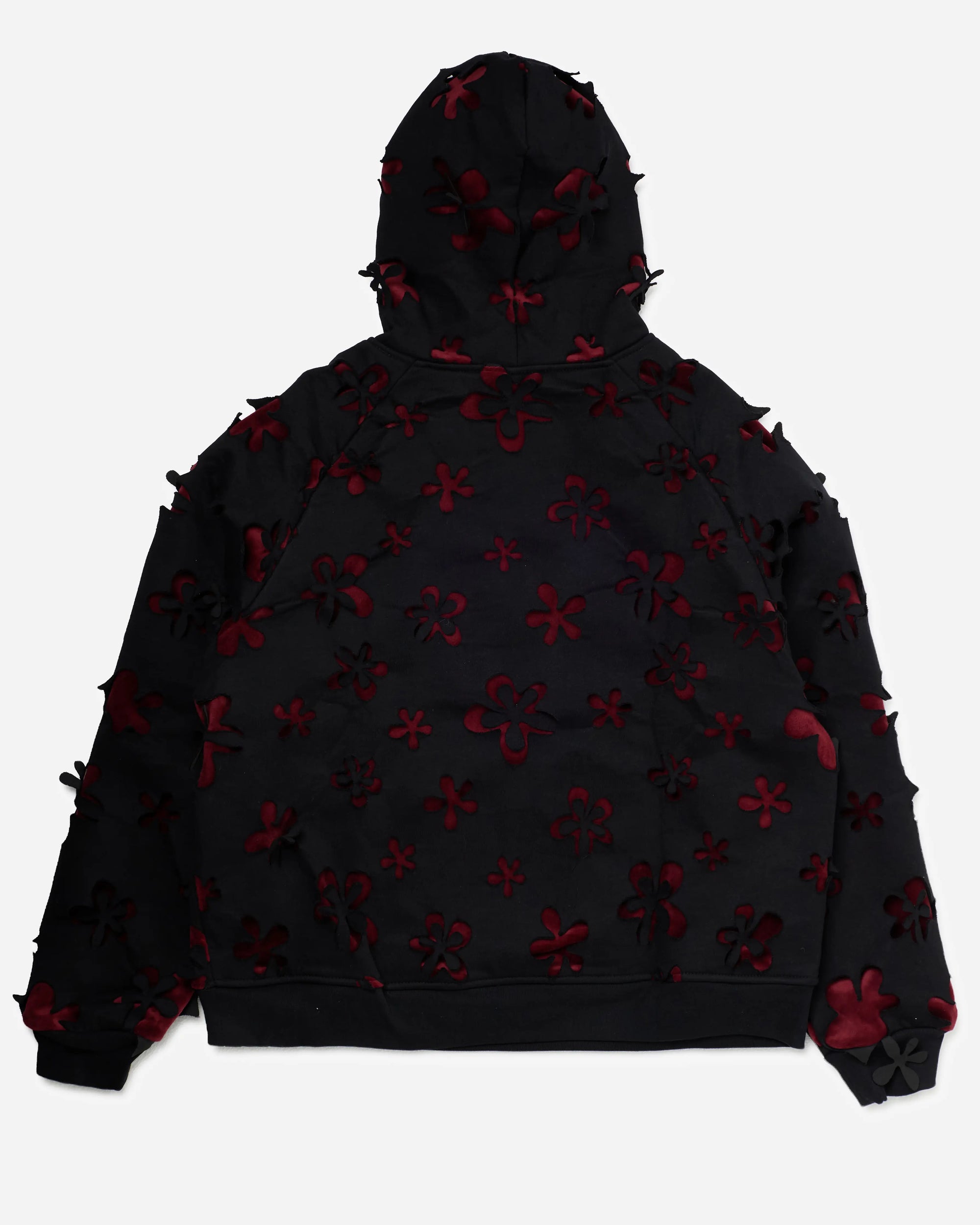 ERIK-YVON Laser-Cut Floral Hoodie in black and oxblood