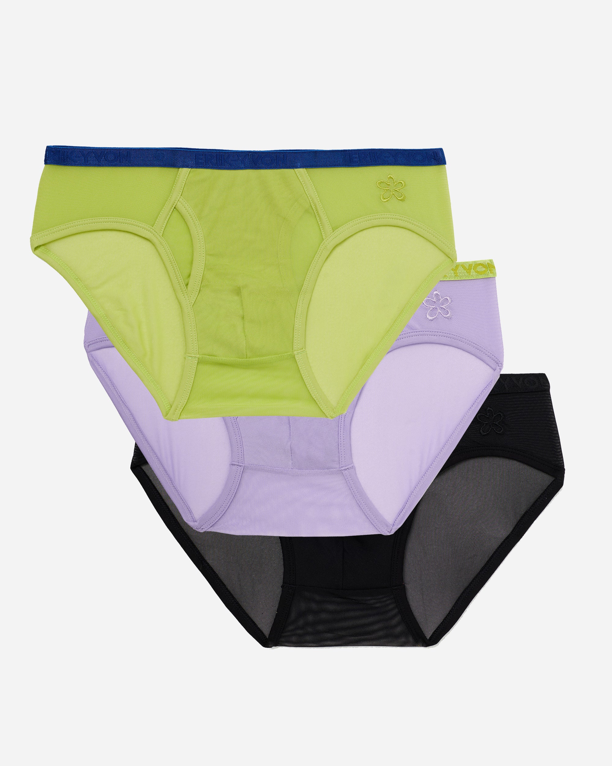 Three pairs of mesh brief underwear in lavender, lime green, and black, arranged in a fan shape against a light gray background.