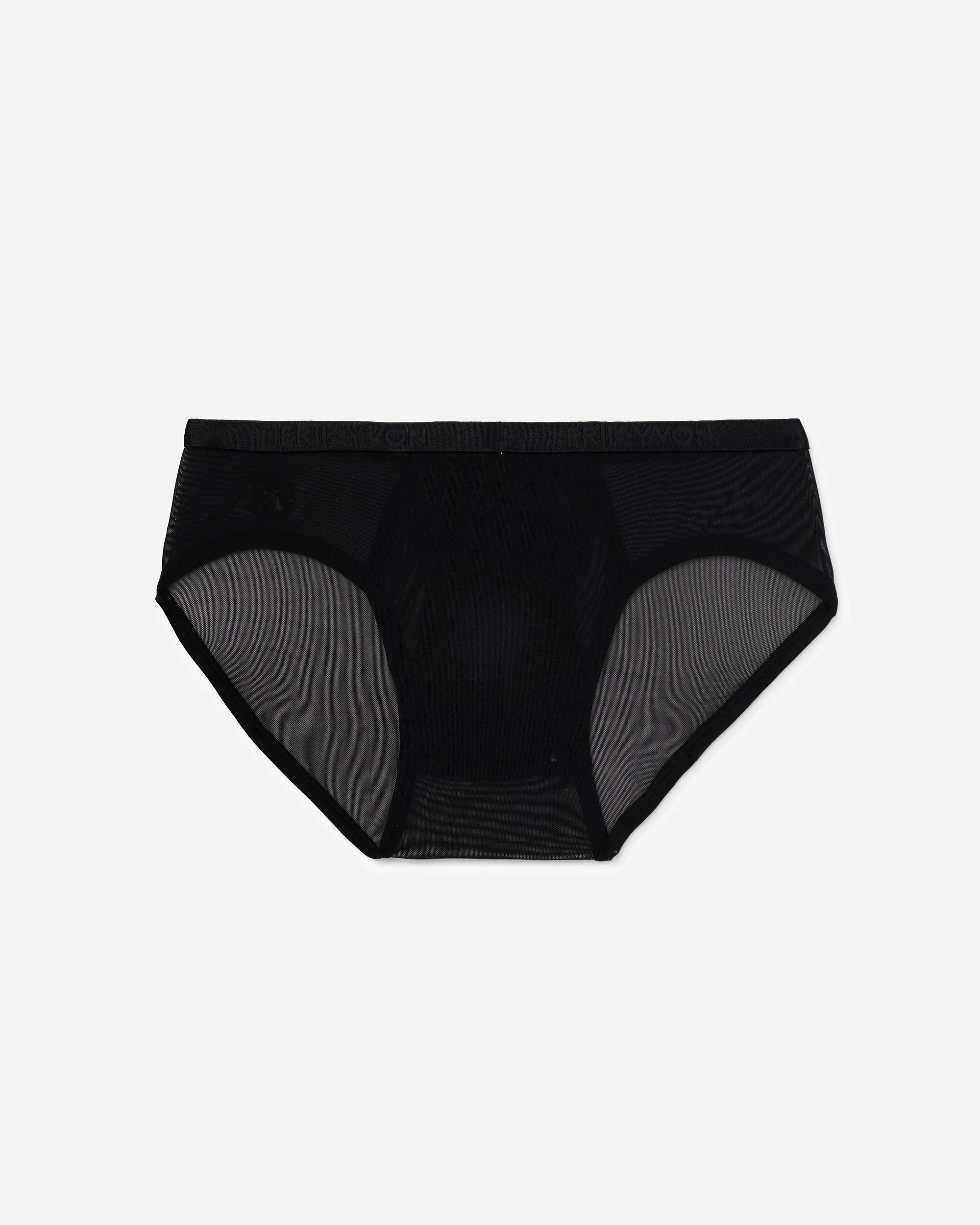 Black sheer mesh briefs with a solid black waistband, photographed flat against a light gray background.