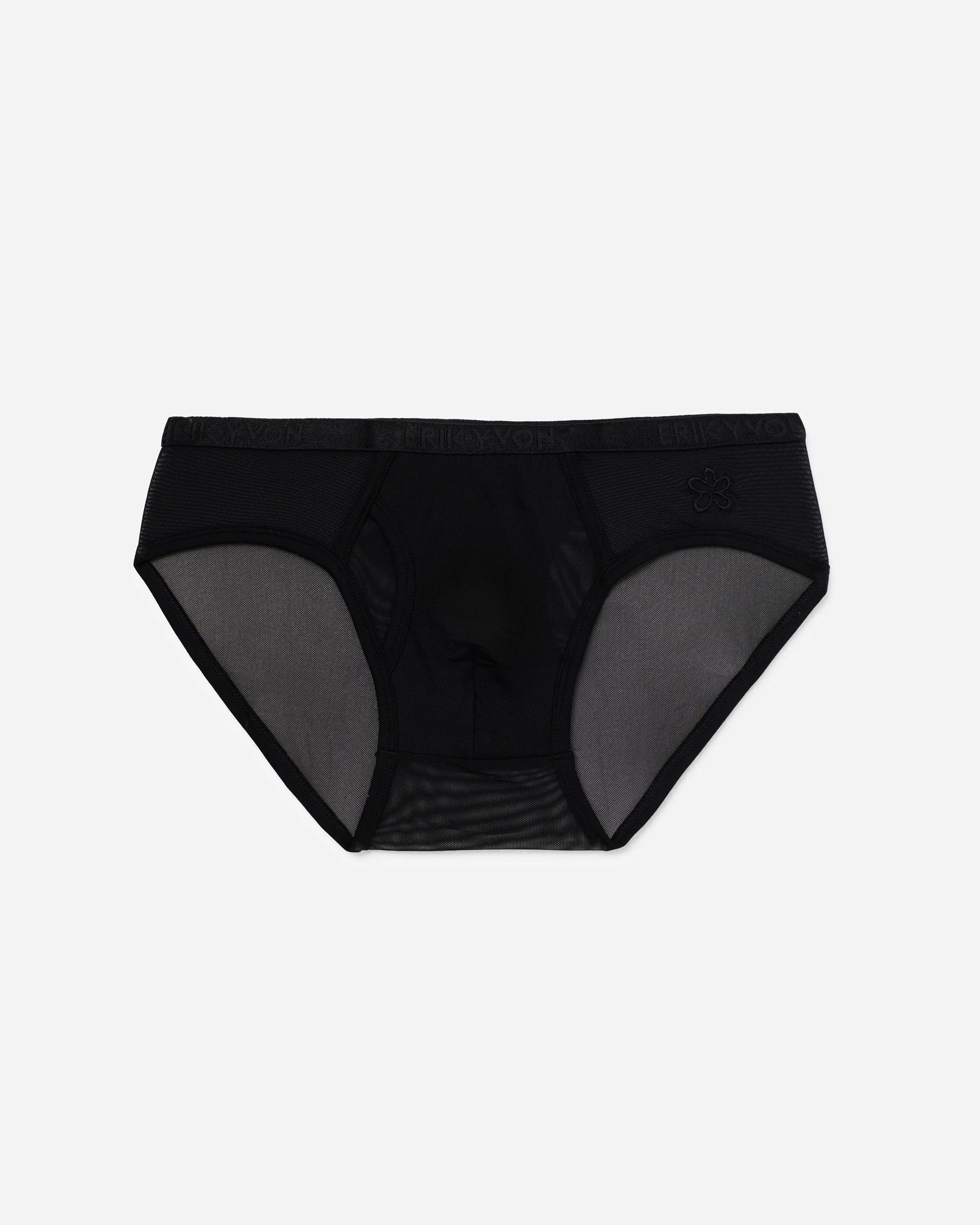 Black briefs with sheer mesh side panels, shown flat against a light gray background.