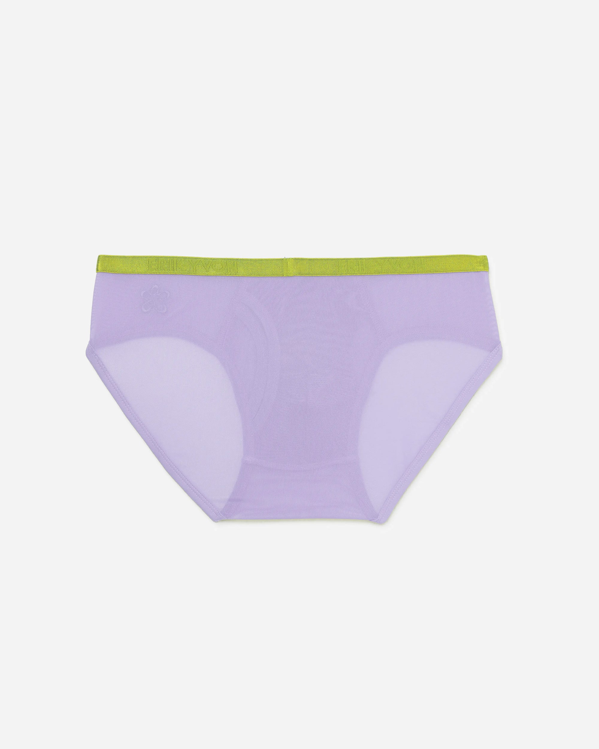 A pair of mesh briefs in light purple with a contrasting lime green waistband, displayed flat against a light gray background.