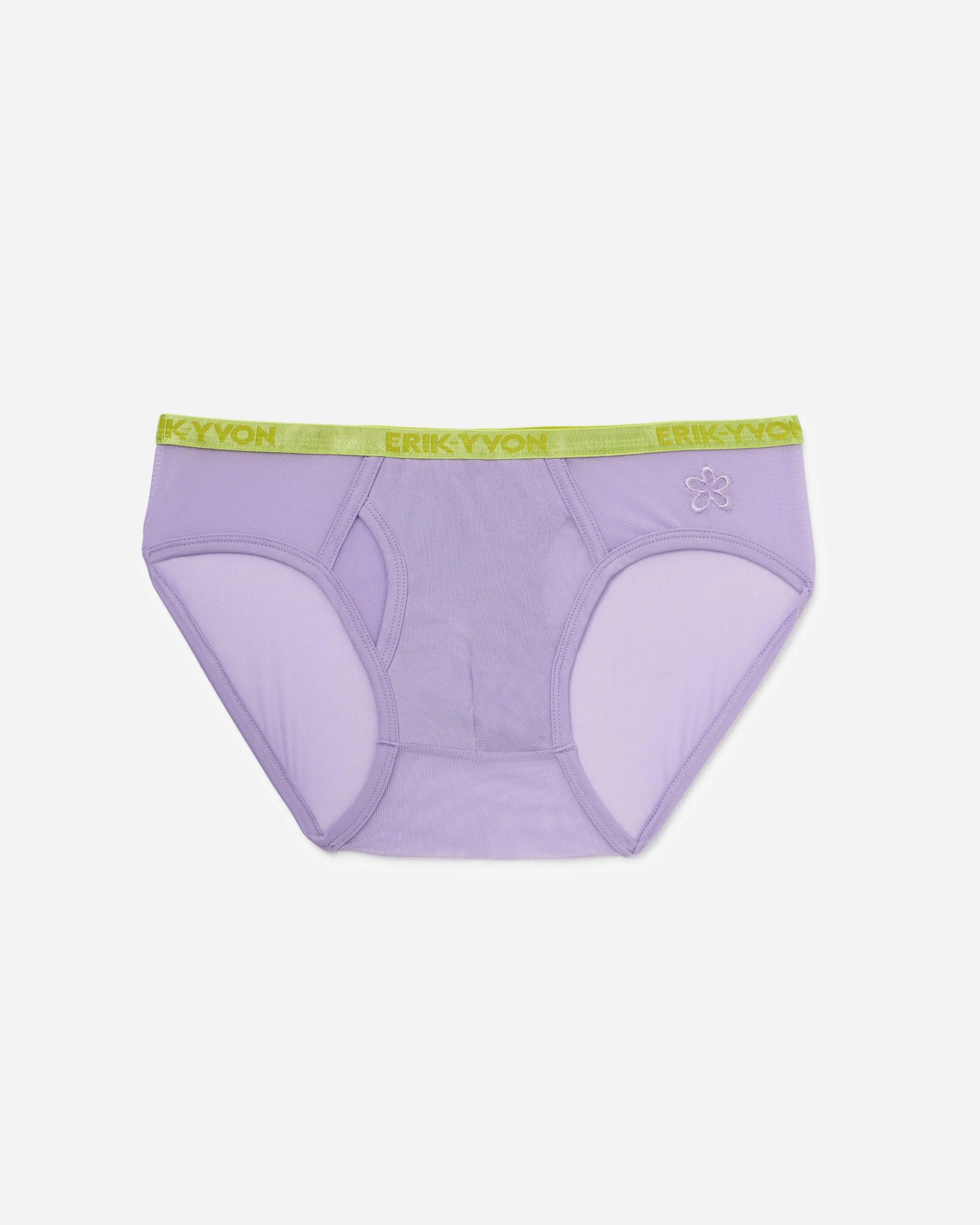 A pair of light purple mesh briefs with a lime green elastic waistband featuring the brand name 'ERIK YON', shown against a light gray background.