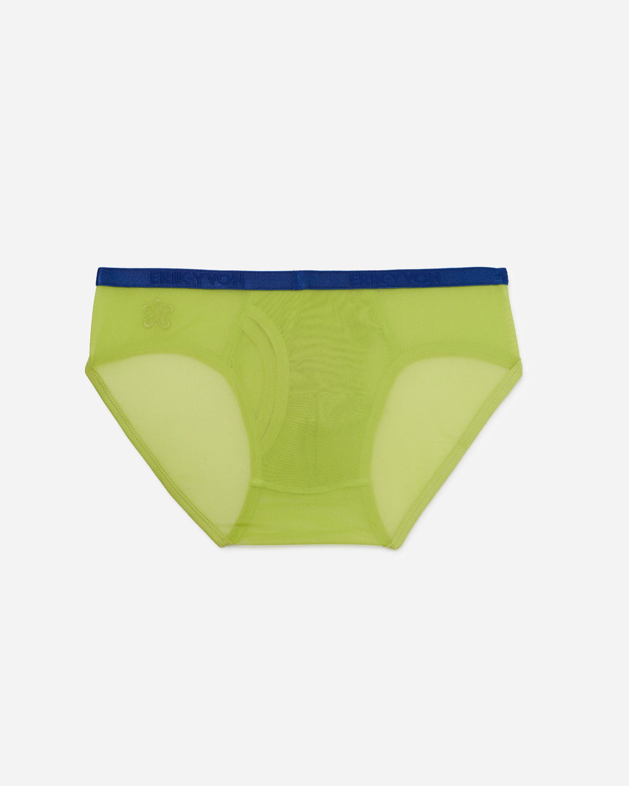A pair of lime green mesh briefs with a contrasting navy blue waistband, displayed flat against a light gray background.