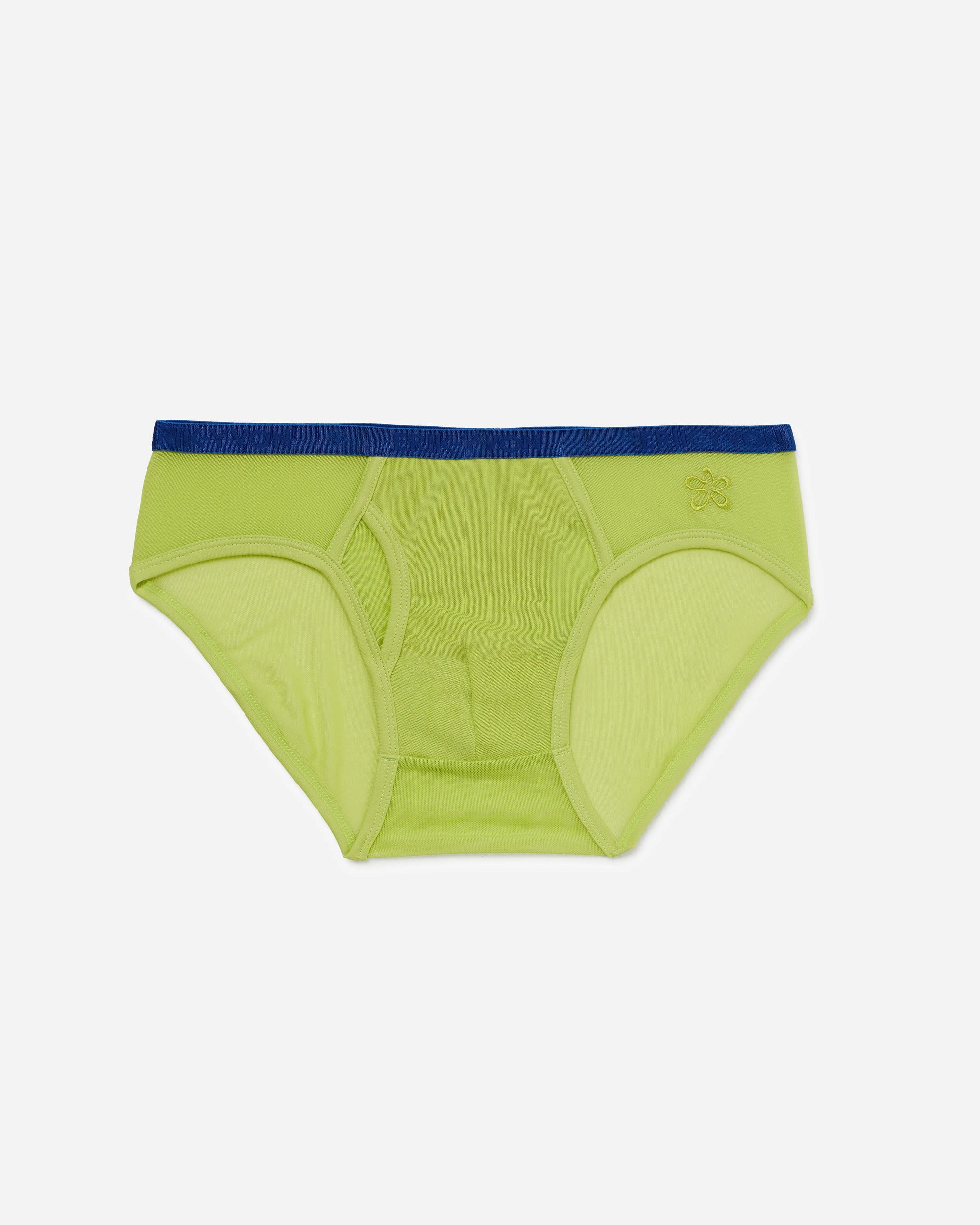 Bright lime green mesh briefs with a contrasting navy blue waistband and a small embroidered logo on the right hip, shown flat on a light gray background.