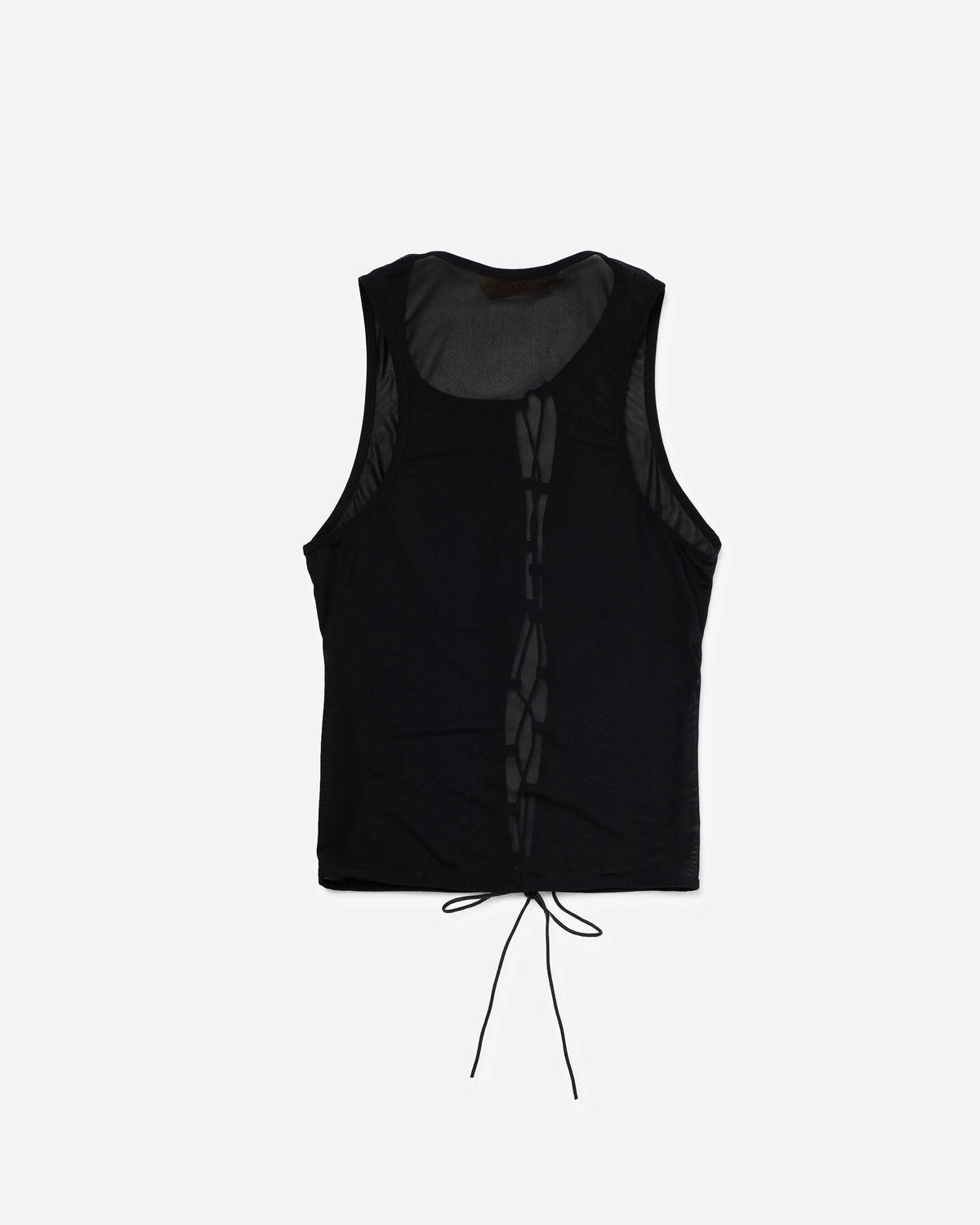 A black sleeveless tank top with sheer mesh panels on the sides and a drawstring tie at the hem, shown flat against a light gray background.