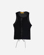 A black sleeveless mesh and fabric vest top with a lace-up front and drawstring hem, shown flat on a light gray background.