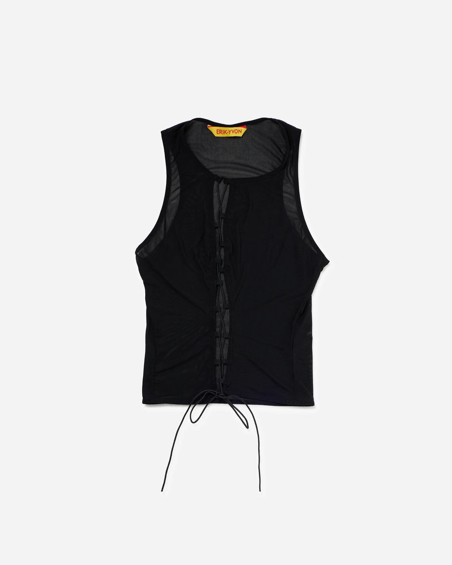 A black sleeveless mesh and fabric vest top with a lace-up front and drawstring hem, shown flat on a light gray background.