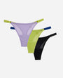 Three pairs of mesh thong underwear in lavender, lime green, and black, arranged in a fan shape against a light gray background.