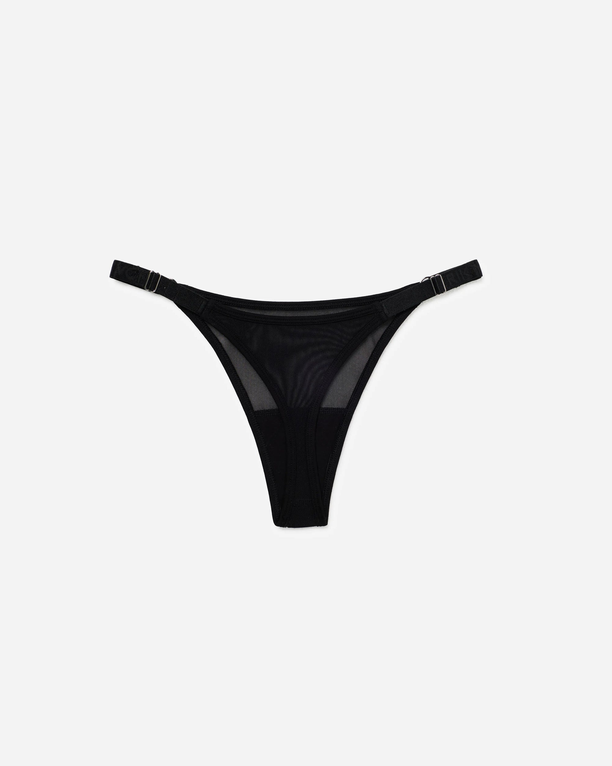Black sheer mesh thong underwear with adjustable side straps, displayed flat against a light gray background.