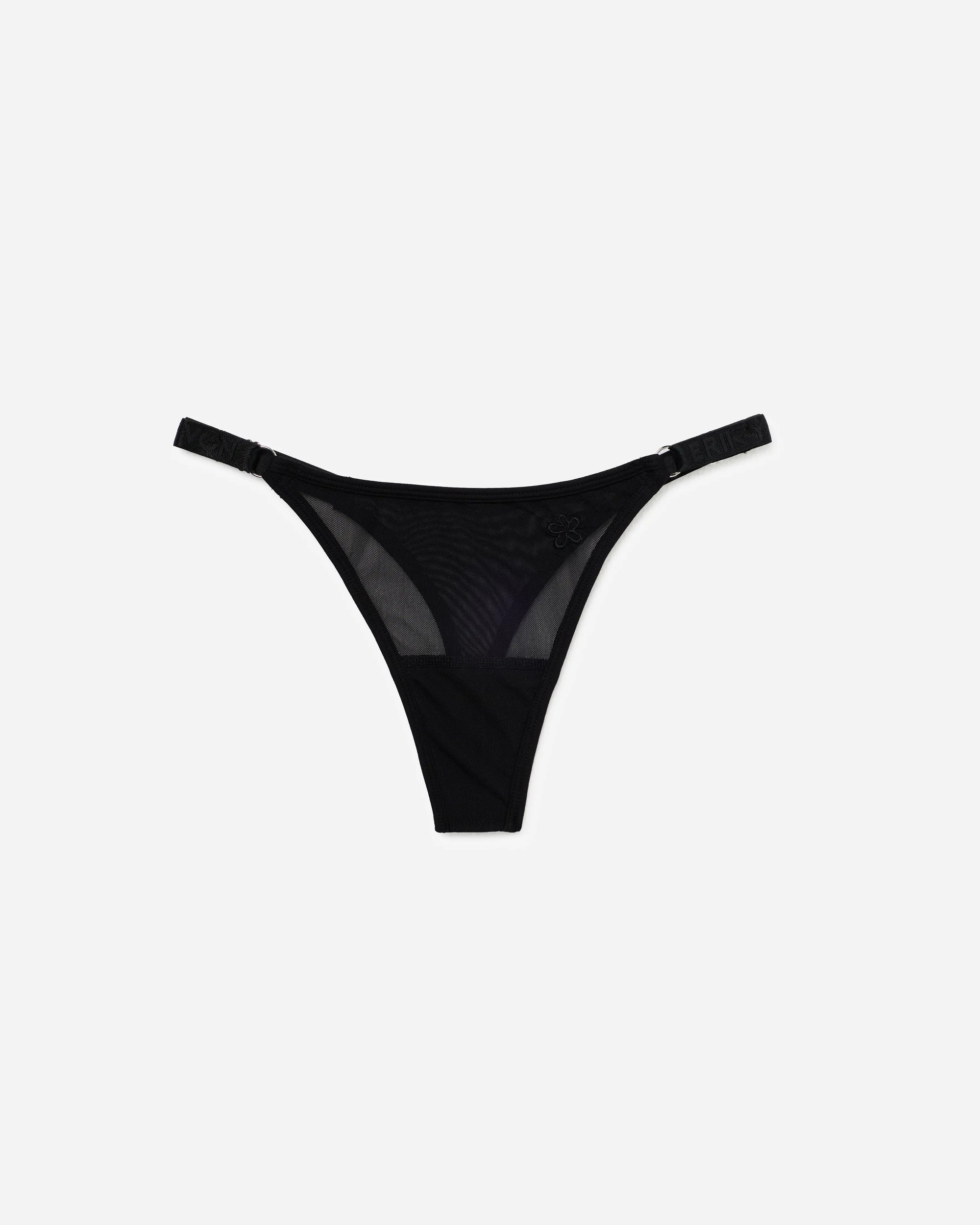 Black sheer mesh thong underwear with adjustable side straps, displayed flat against a light gray background.