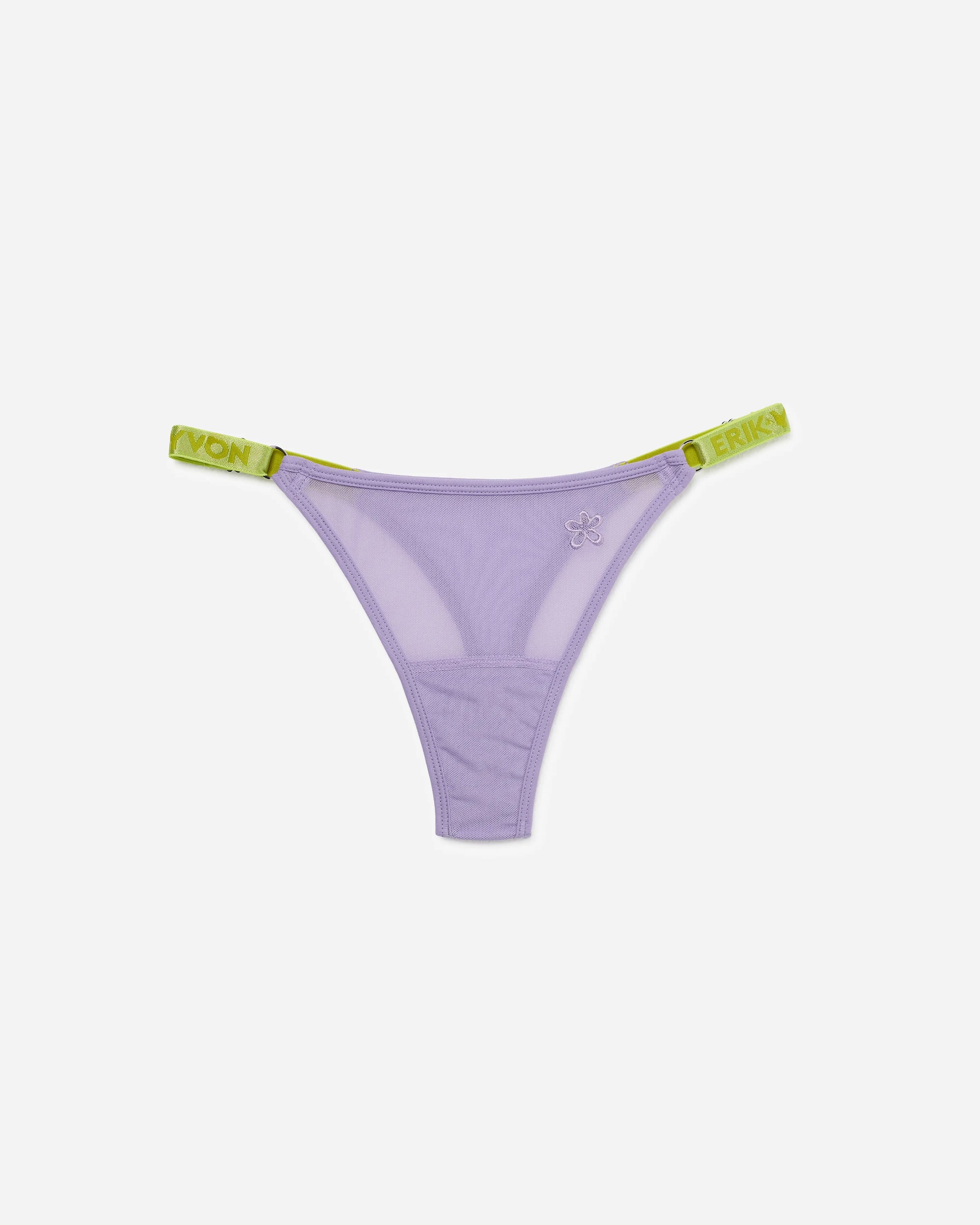 A light purple mesh thong with lime green elastic side straps featuring the brand name 'ERIK-YVON', displayed flat against a light gray background.