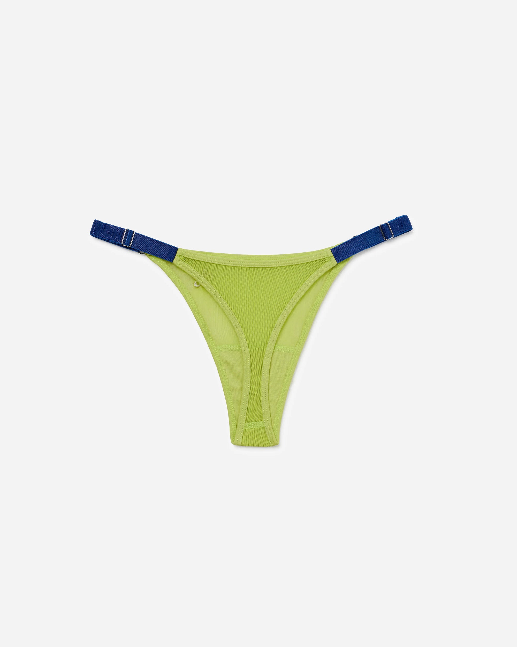 A lime green thong bottom with contrasting dark blue side straps, displayed flat against a light gray background.