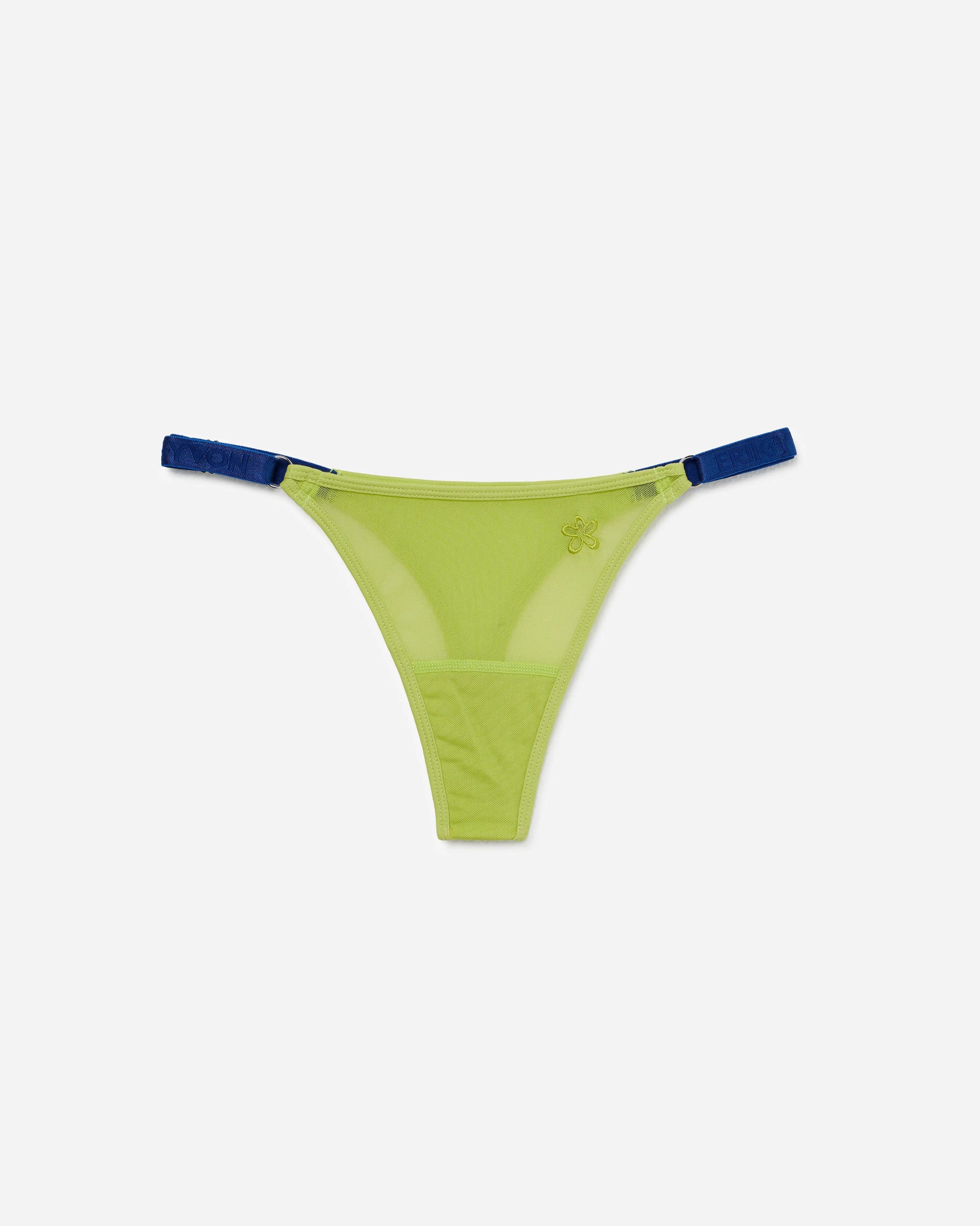 A lime green mesh thong with contrasting blue waistband straps, displayed flat against a light gray background.