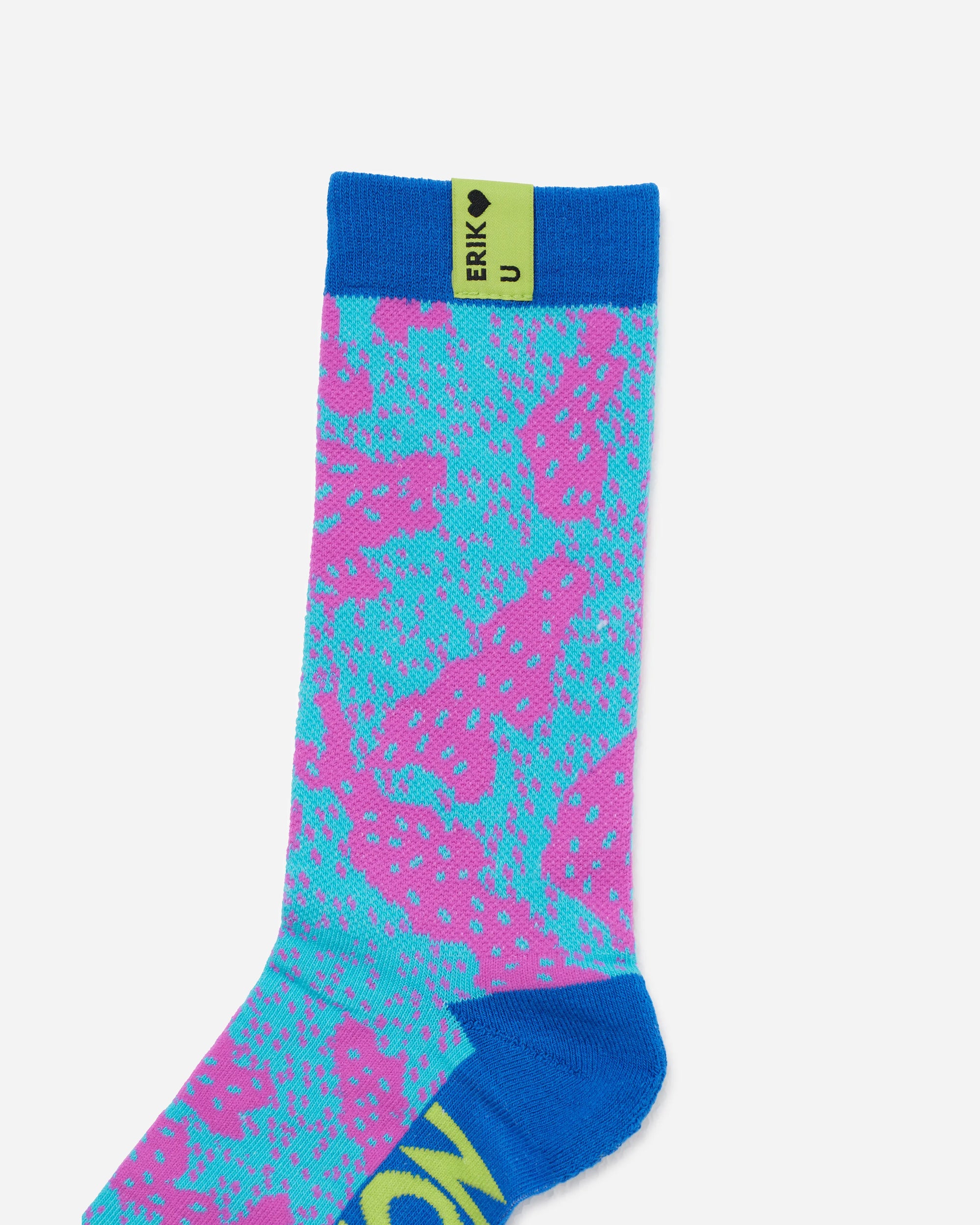 A single crew sock featuring a vibrant pink and turquoise abstract pattern, with solid blue cuffs, heels, and toes, and a lime green inner label.