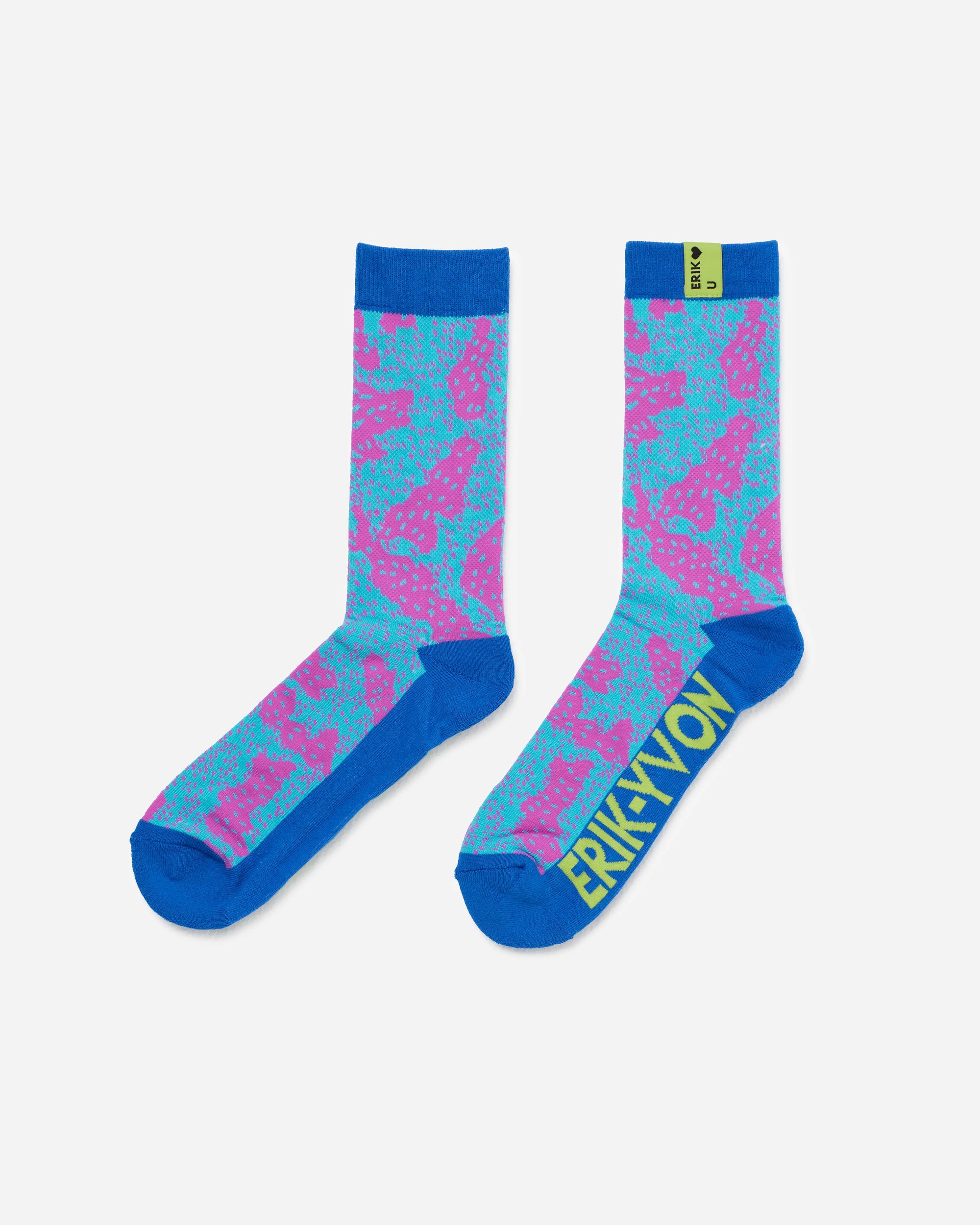 A pair of crew socks with a bright blue and pink abstract pattern, featuring a solid blue cuff, toe, and heel, and the brand name 'ERIK YON' printed in yellow on the side.